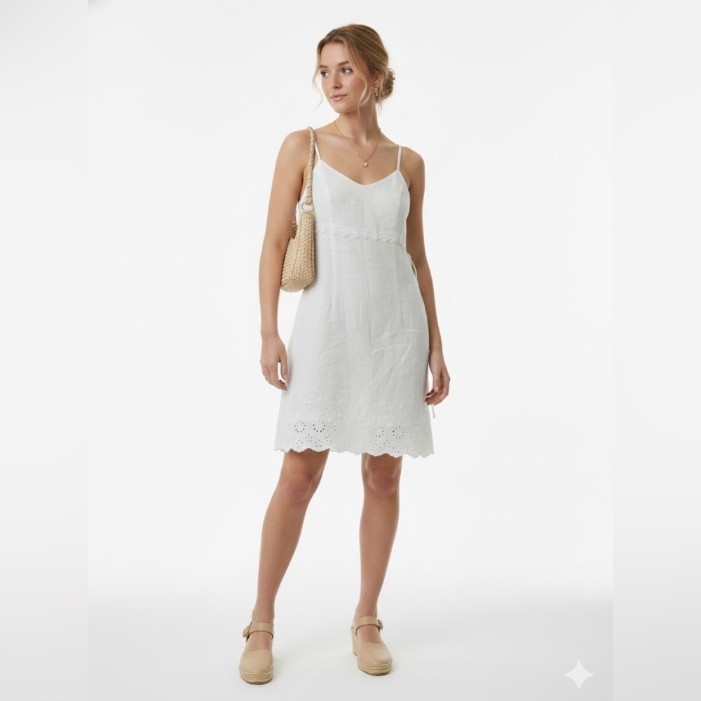 Vintage NWT Linen Flax Cream Lace Eyelet Classic Old Money Dress Size Small